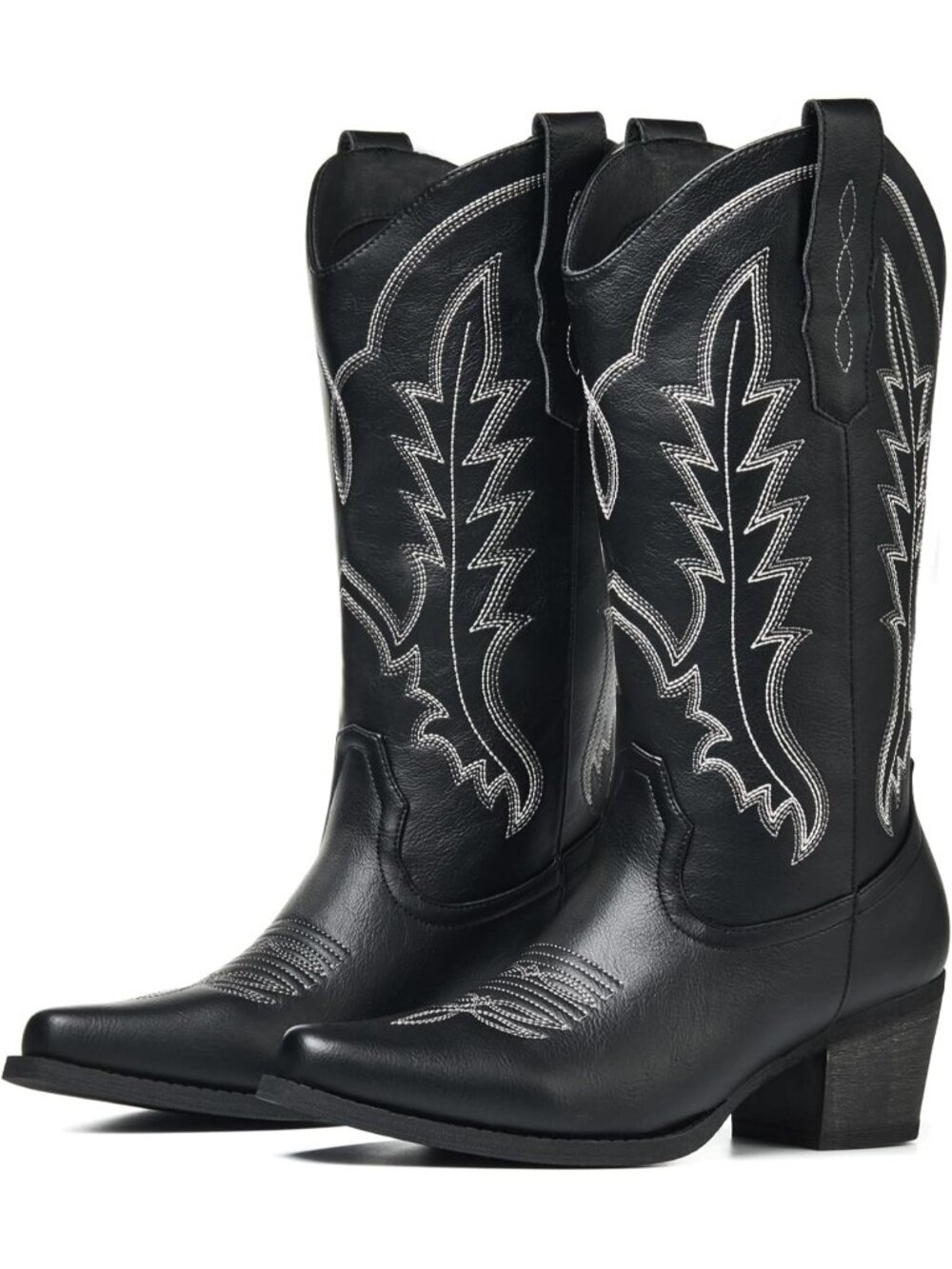 〽️Women's Mid-Calf Cowgirl Boots Jet Black Leather Block Heel Embroidered